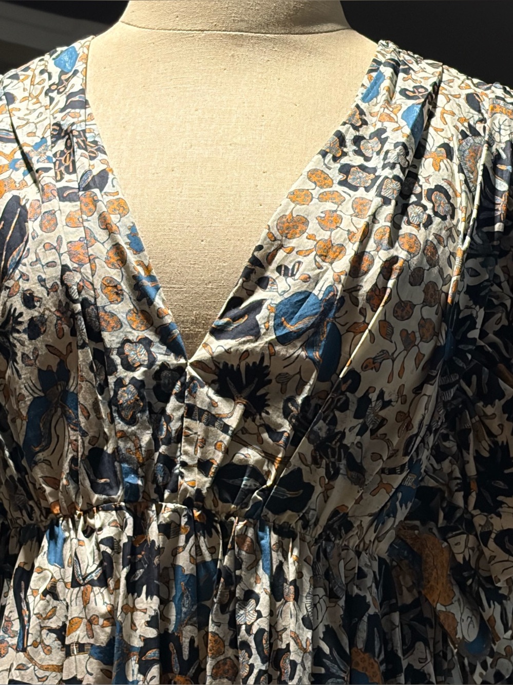 Ulla Johnson Floral V-Neck Dress in Blue, Brown & Cream
